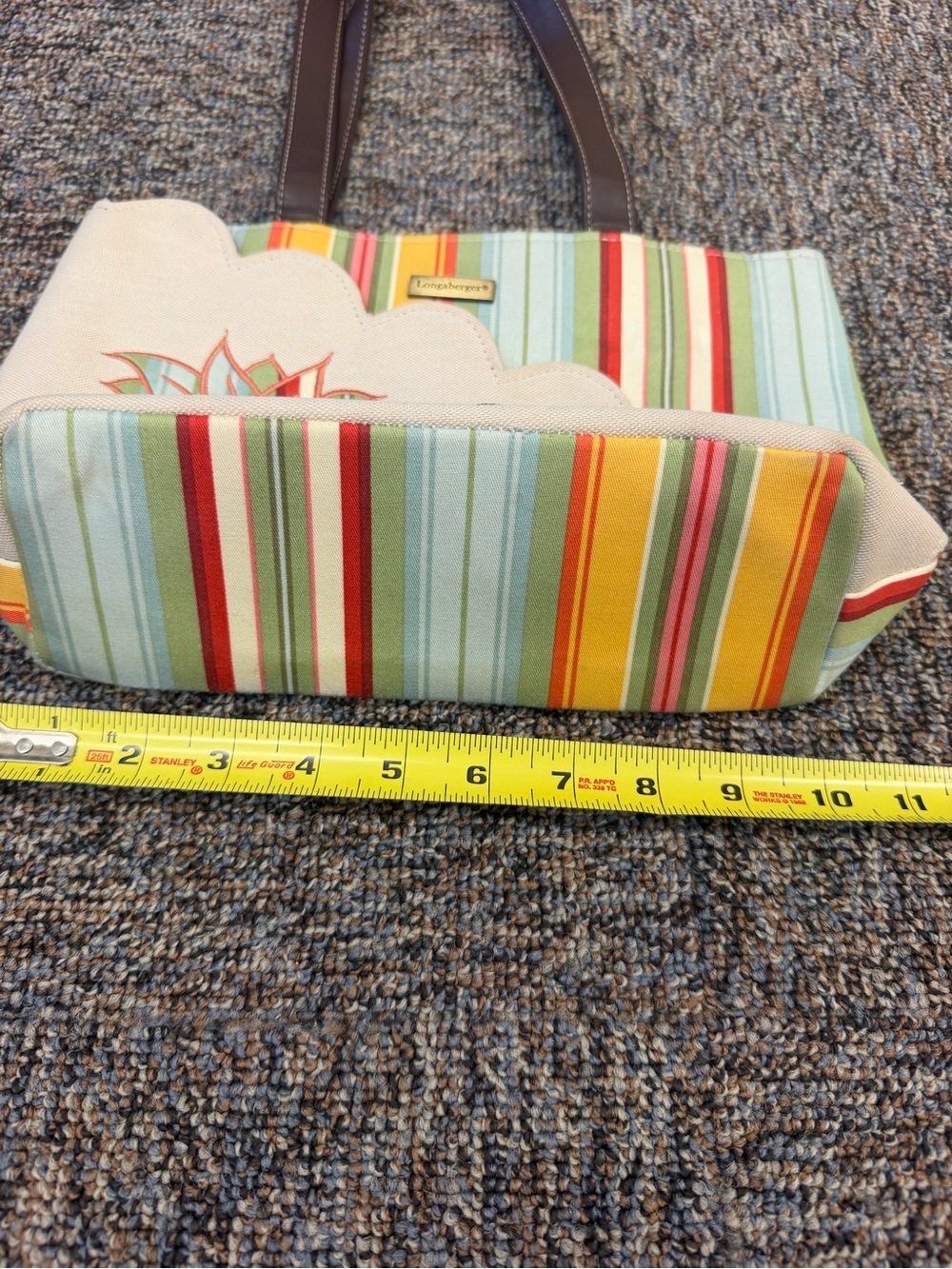 Longaberger Cream Canvas Floral Appliqué Tote with Multicolor Stripes Sunflower - Picture 7 of 12